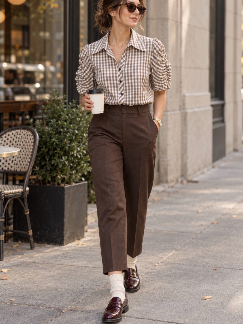 Lafayette 148 Taupe Gingham Ruched Puff Sleeve Cotton Blouse 8